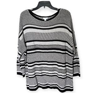 J. Jill Black and Cream Striped 3/4 Sleeve Oversized Chunky Knit Sweater Size L